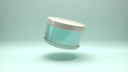 3D Green Glass cosmetic cream jar on light green background.