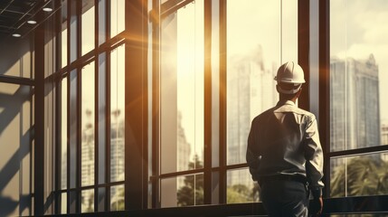 Analyzing mature architect in hardhat reviews details of modern architectural structure with intent