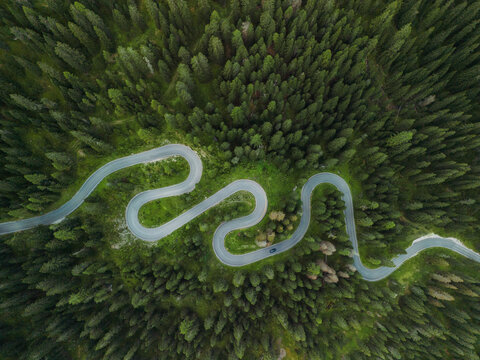 Aerial view of serpentine road in Dolomites 