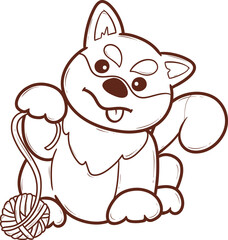 cartoon shiba inu dog holding a ball of yarn outline