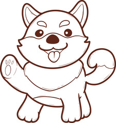 cartoon shiba inu dog with a tongue sticking out and a paw raised outline