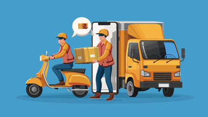 Fototapeta premium 2d vector illustration A courier wearing a shirt is delivering a package mobile with location gps