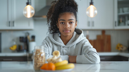 Young girl sitting at kitchen counter with fruits