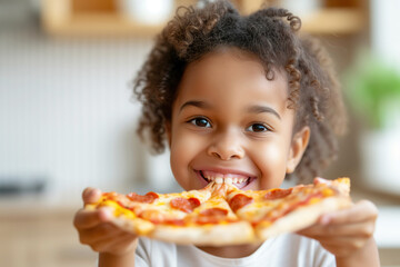 Smiling african american little girl with pizza at home kitchen