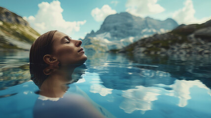 Young woman swimming in mountain lake