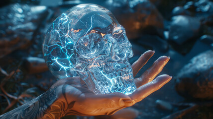 A hand holding a glowing crystal skull.