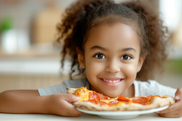 African American child girl indulges in pizza in kitchen