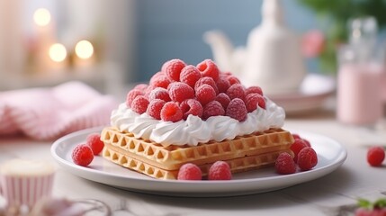 Delicious breakfast waffles with raspberries and whipped cream in modern kitchen setting
