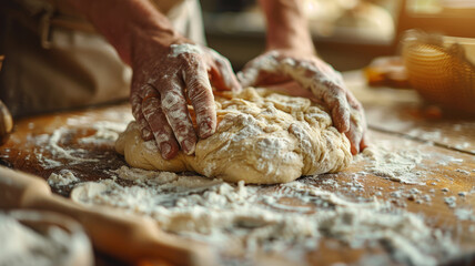 Hands kneading dough on a floured surface.