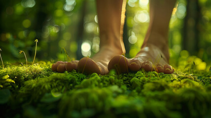Bare feet standing on moss in forest