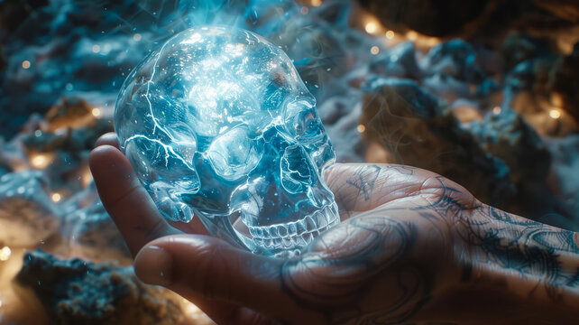 Glowing skull in a hand with tattoos.