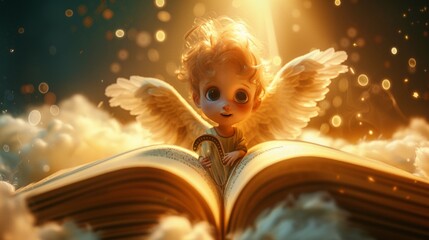 Cute 3D cartoon character angel with wings