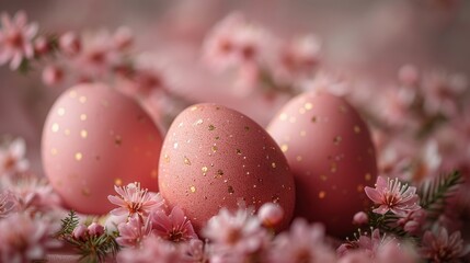 Fototapeta na wymiar three pink eggs with gold speckles sit in a bed of pink flowers on a soft, pastel background.