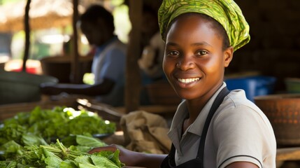 Portrait of a young female farmer smiling and selling produce at the local market - obrazy, fototapety, plakaty
