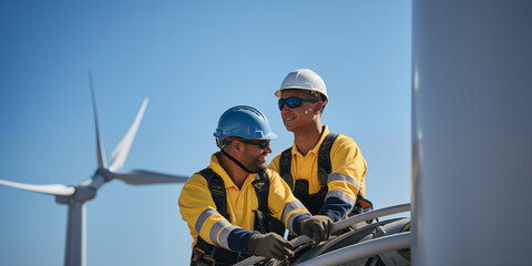 Fototapeta premium two workers in the maintenance of wind turbines 