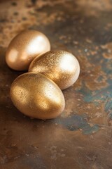 Golden Easter eggs stand on a golden ground.
