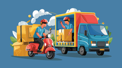 Fototapeta premium 2d vector illustration A courier wearing a shirt is delivering a package mobile with location gps