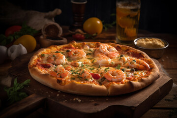 Pizza with seafood.