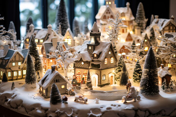 miniature toy city in winter with festive vibe.