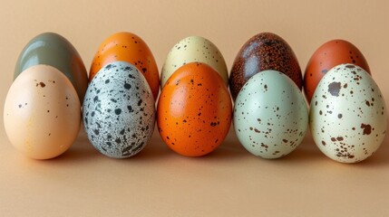 a row of different colored eggs sitting on top of each other on top of a brown table next to each other.