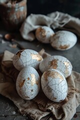 Top view of painted easter eggs in gold color. Close up of golden Easter eggs.