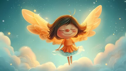 Obraz na płótnie Canvas Cute cartoon character angel with wings flying in sky