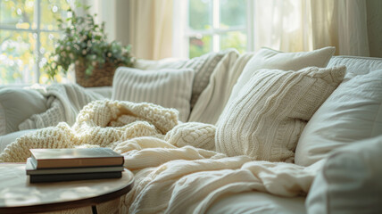A cozy living room scene with a couch and blanket