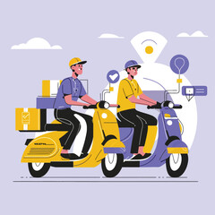 2d vector illustration A courier wearing a shirt is delivering a package mobile with location gps