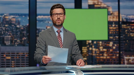 News announcer showing mockup screen reporting breaking news tv channel studio