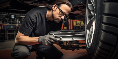 Dedicated mechanic meticulously inspecting a car's wheel in a well-equipped workshop process of checking the condition of new tires in auto repair shop