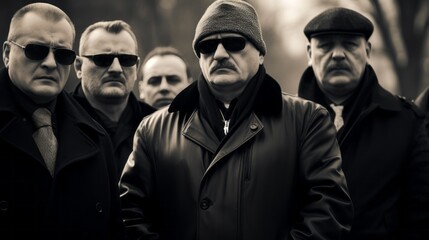 Russian mafia in the 90s. Criminal boss with friends. Bandits in Russia. Bratki - obrazy, fototapety, plakaty