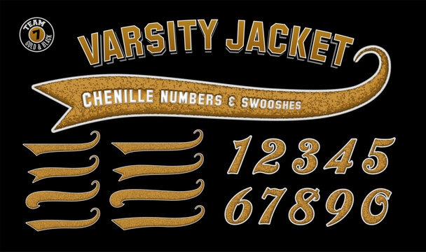 A collection of 3d effect numerals and swooshes with a gold embroidery patch varsity letter jacket style.
