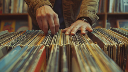 Person looking through vinyl records in a store.