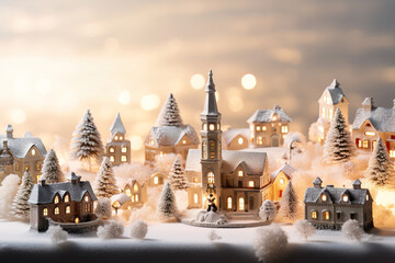 miniature toy city in winter with festive vibe.