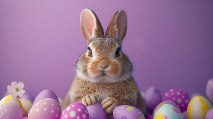 Naklejka na ściany i meble Cute bunny surrounded by colorful Easter eggs on purple background.