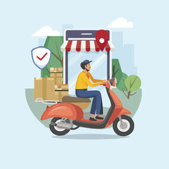2d vector illustration A courier wearing a shirt is delivering a package mobile with location gps
