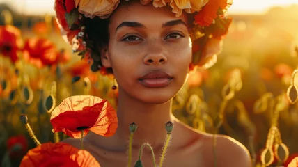 Deurstickers Young woman in a poppy field at sunset. © SashaMagic