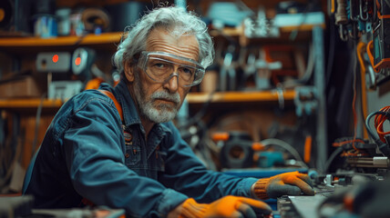 Fototapeta na wymiar Elderly man working in a workshop