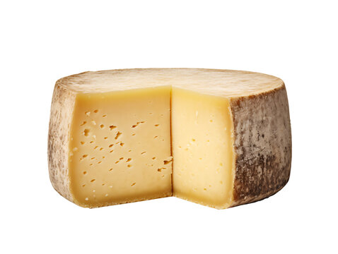 a wheel of cheese with a slice cut