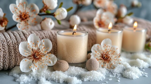 a group of candles sitting on top of snow covered ground next to flowers and a roll of twine of twine.