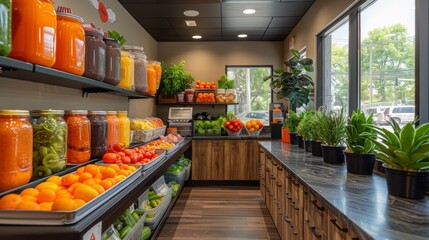 The office break area features a DIY smoothie station with a variety of fruits, vegetables, and...