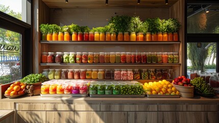 The office break area features a DIY smoothie station with a variety of fruits, vegetables, and...