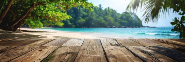 Empty wooden planks table against a blurred background with a sea coast with palm trees during the day, banner