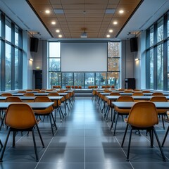 Step into a modern classroom interior featuring sleek chairs arranged neatly around a spacious area