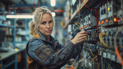 Woman electrician working on an electrical panel