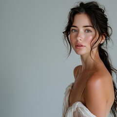Fototapeta premium Beautiful white woman with dark hair, happy and smiling while touching her neckline against a white background. She is wearing. Trendy model posing for a beauty concept