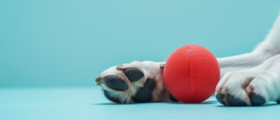 white dogs paw next to a red toy ball