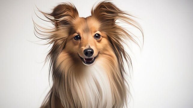 Beautiful collie dog poses for camera with plenty of copy space on white background