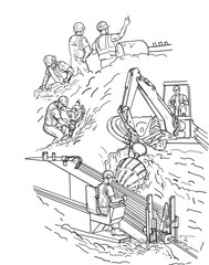 Drawing sketch style illustration of horizontal directional drilling job site with drill rig boring, mechanical digger laying empty service conduits and construction worker foreman black and white. - 759147974