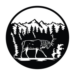 Retro illustration of a bull elk, Cervus canadensis or wapiti fighting stance side view in Rocky Mountain National Park, Colorado, United States inside circle isolated background in black and white.
